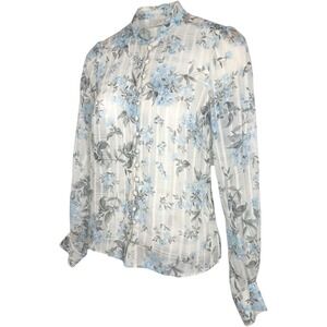 GOAT Jane Atelier Floral High Neck Button Blouse Silk Cotton Blend Blue Cream 6